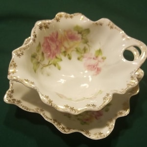 Antique VICTORIA AUSTRIA Leaf Shaped Fine Porcelain Sauce Dish & Underplate 2PCS