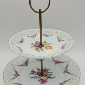 Antique Schumann Bavaria (Germany) 2 Tier Cake Stand Reticulated Plates DRESDEN