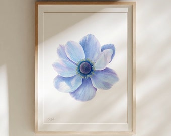 BLUE WATERCOLOUR ANEMONE |  fine art, still life painting, anemone flower, home wall decor, dreamy ethereal art print, soft elegant print