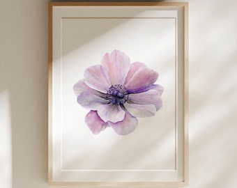 PURPLE WATERCOLOUR ANEMONE | fine art, still life painting, anemone flower, home wall decor, dreamy ethereal art print, soft elegant print