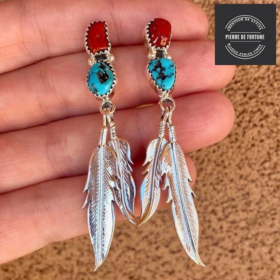 Boucles D'oreilles Navajo à Plumes Noires - Crochets En Argent 925, Artisanales, Neuves