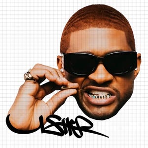 May include: A portrait of Usher with reddish-brown hair, wearing black rectangular sunglasses and a gold ring on a finger held near the mouth. The teeth feature a diamond grill, and the word Usher is written in black graffiti-style script below.