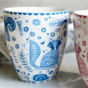 Blue Animal Mug | Folk Watercolour Print | Fine China 400ml Coffee Cup