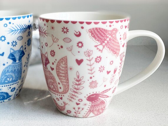 Pink Animal Mug | Folk Watercolour Print | Fine China 400ml Coffee Cup