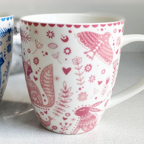 Pink Animal Mug | Folk Watercolour Print | Fine China 400ml Coffee Cup