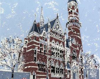 Jefferson Market Courthouse, New York: original acrylic and ink painting.  Unframed, no mount.