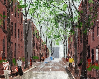 Cranberry Street, Brooklyn Heights, New York: original acrylic and collage painting.  Unframed, no mount.