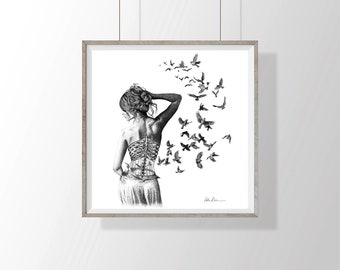 Spread your wings • Girl with bird cage ribs // surreal, hand drawn, alternative wall art, fantasy dot work illustration print