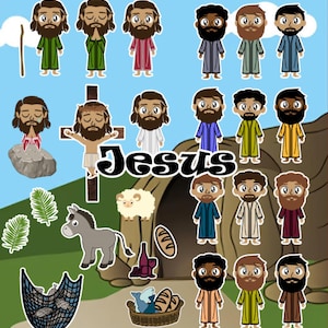 Könnte beinhalten: Eine farbenfrohe Illustration von Jesus mit einer Vielzahl von Figuren, darunter ein Esel, ein Lamm, ein Palmzweig und Brotlaibe. Der Text "Jesus" ist in großen, fetten Buchstaben geschrieben.