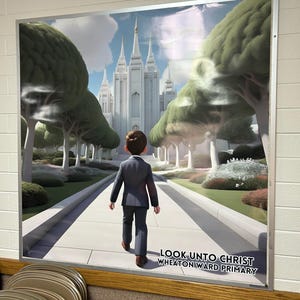 Puede incluir: Un póster con un niño pequeño caminando hacia un templo blanco con altas torres. El póster tiene el texto "Look unto Christ Wheaton Ward Primary".
