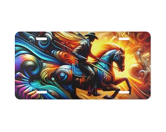 Colorful Horse Scene Vanity Plate, Gift for Horse Lovers, Cowboy Riding Horse License Plate, Colorful Cowboy Vanity Tag, Equine Art