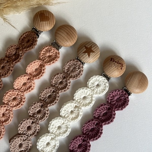 Pacifier clip, crochet, child, baby, birth, birth gift, handmade, wooden clip, accessories, cotton