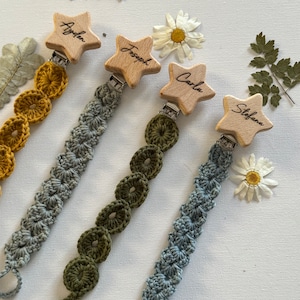 Pacifier clip, crochet, child, baby, birth, birth gift, handmade, wooden clip, accessories, cotton