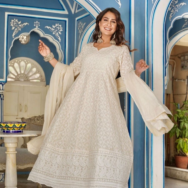 Pearl Ivory Anarkali Kurti Dupatta Set, Indian Clothing, Pakistani Clothing, Indian Wedding Dress, Elegant Ethnic Wear Set for Women