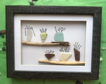 Handmade Seaglass Dog Picture: Unique Driftwood Art, seaglass, flower, gift for her, Seaham seaglass. Sea pottery