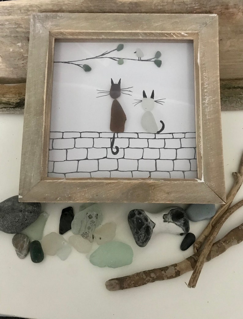 Sea glass picture, sea glass gift, Sea glass flowers. Birthday gift. Handmade gift, birthday, Mothers Day, valentines, thank you. Seaham Cats