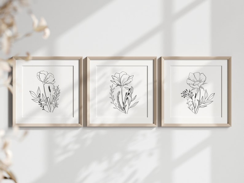 Minimalist Line Art Flowers Set of 3, Minimalist Floral Wall Art, Square Wall Art Print up to