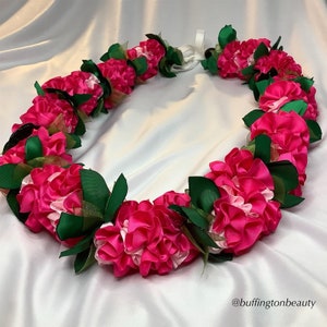 Approx. 36” Adjustable | Carnation Ribbon Lei | Pink, Fuchsia | Ribbon Leaves, Black Kukui Nut Beads