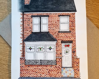 Custom ink and watercolour building illustration