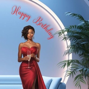 Feliz cumpleaños: Mujer afroamericana vestida para una elegante noche de celebración, tarjeta de felicitación