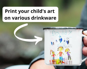 Custom Father's Day Kid's Drawing Enamel Mug for Dad, Personalized Child's Artwork Camping Mug, Child's Art Tumbler for Daddy's Birthday