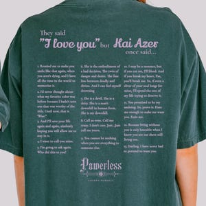 Kai Azer Quotes Embroidered Tee Shirt, Powerless Comfort Colors T-Shirt, Official Lauren Roberts Merch, Gift for Book Lover, Reading Shirt