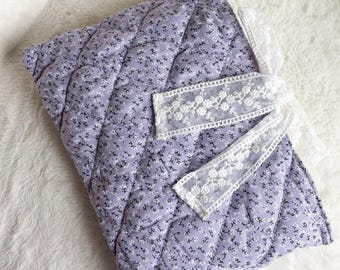 Large Book Sleeve with Lace Ribbon, Quilted Book Cover with White Bow, Gift for Book Lovers, Purple Floral RibbonTie Padded Bible Cover