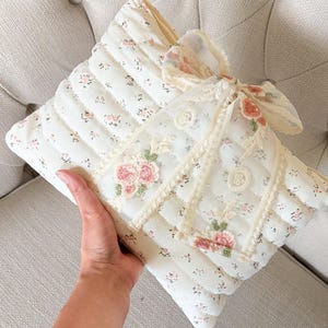 Large Book Sleeve with Lace Ribbon, Quilted Book Cover with Lace Bow, Christmas Gift for Book Lovers, Pink Floral Bow Tie Padded Bible Cover image 2