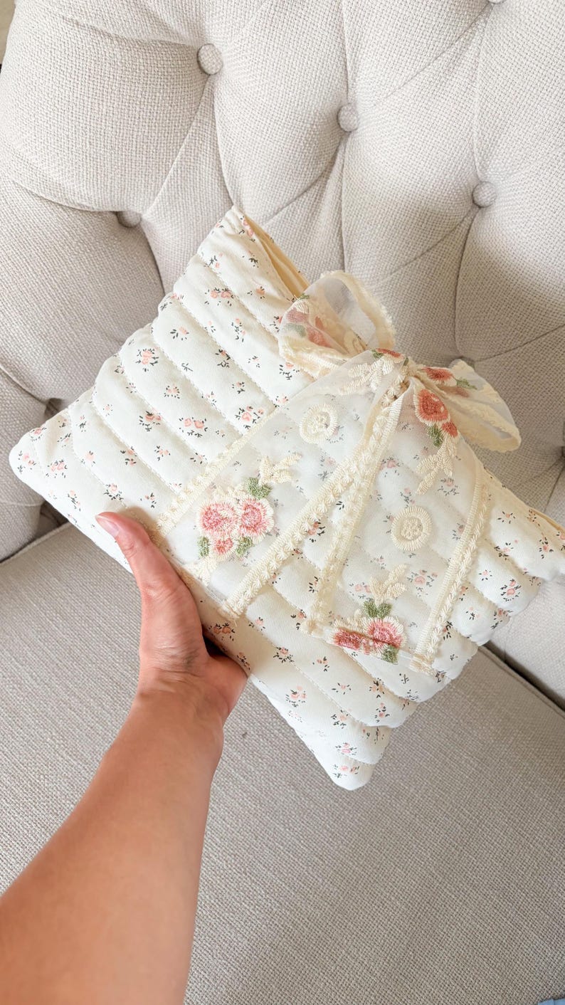 Large Book Sleeve with Lace Ribbon, Quilted Book Cover with Lace Bow, Christmas Gift for Book Lovers, Pink Floral Bow Tie Padded Bible Cover image 2
