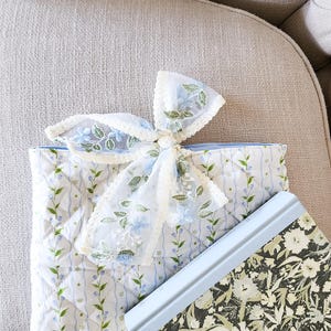 Large Book Sleeve with Lace Ribbon, Quilted Book Cover with Lace Bow, Christmas Gift for Book Lovers, Pink Floral Bow Tie Padded Bible Cover image 9