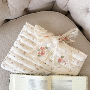 Large Book Sleeve with Lace Ribbon, Quilted Book Cover with Lace Bow, Christmas Gift for Book Lovers, Pink Floral Bow Tie Padded Bible Cover image 4