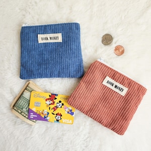 Book Money Corduroy Zippered Wallet. Coin Purse Gift for Book Lovers. Fun Present for Readers Teacher Librarian. Mauve Cotton Zippered Pouch
