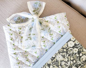 Large Book Sleeve with Lace Ribbon, Quilted Book Cover with Lace Bow, Christmas Gift for Book Lovers, Blue Floral Bow Tie Padded Bible Cover