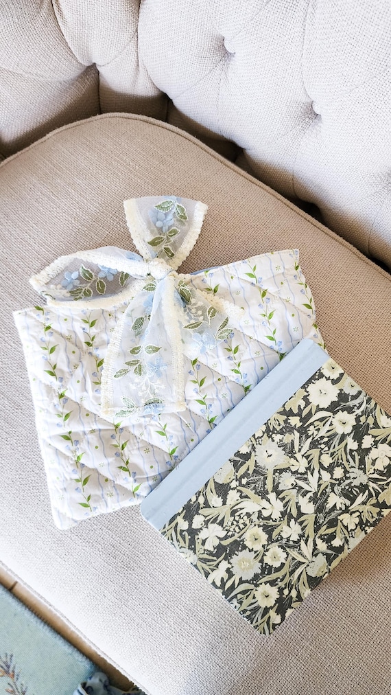 Large Book Sleeve with Lace Ribbon, Quilted Book Cover with Lace Bow, Christmas Gift for Book Lovers, Blue Floral Bow Tie Padded Bible Cover