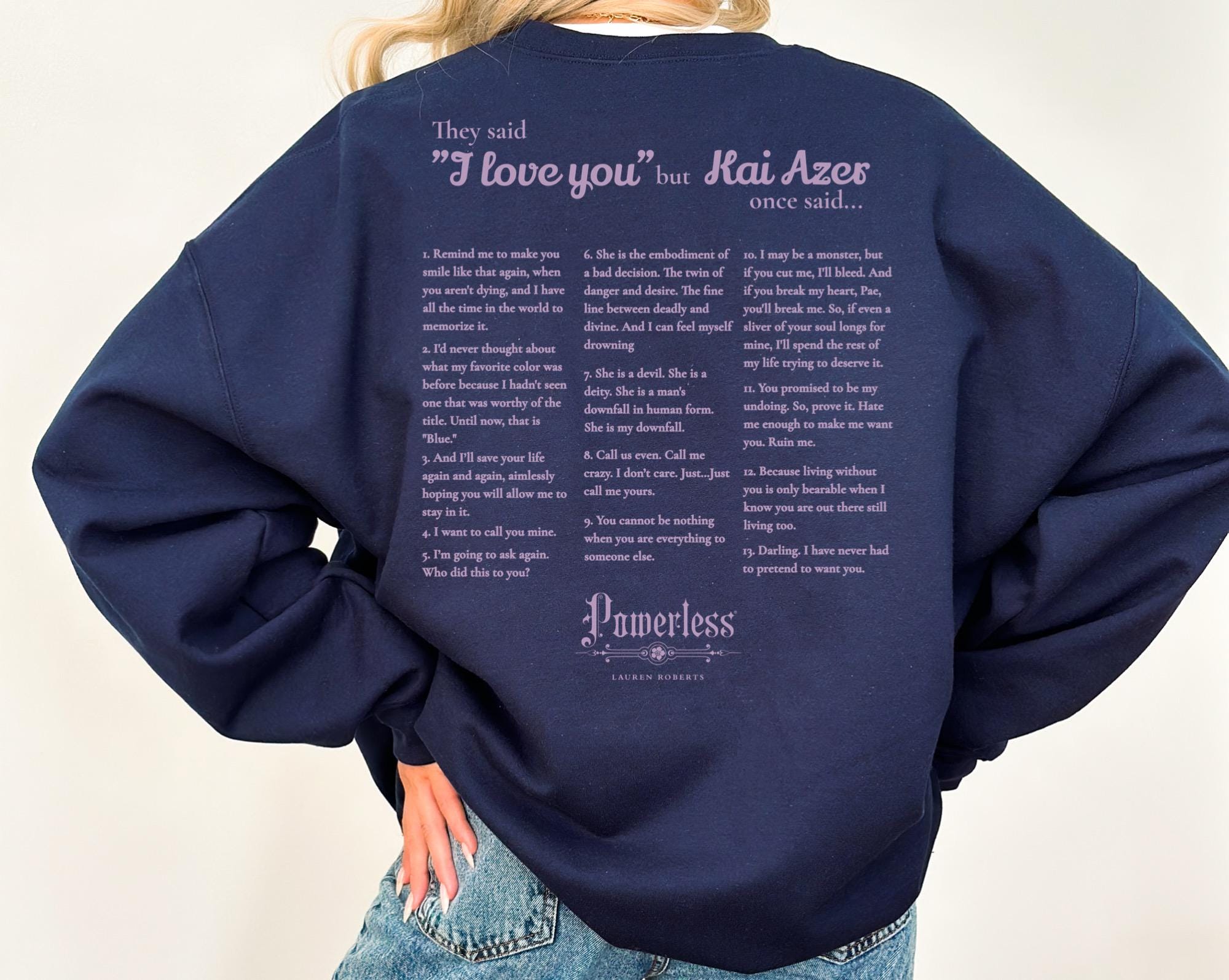 Kai Azer Embroidered Sweater, Powerless Shirt, Book Quotes Sweatshirt, Official Lauren Roberts Merch, Reading Gift for Book Lover