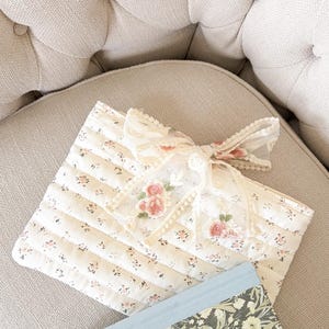 Large Book Sleeve with Lace Ribbon, Quilted Book Cover with Lace Bow, Christmas Gift for Book Lovers, Pink Floral Bow Tie Padded Bible Cover image 5