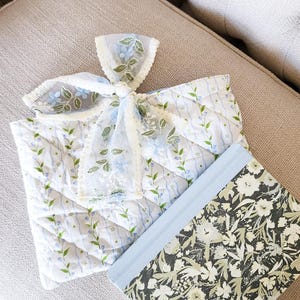 Large Book Sleeve with Lace Ribbon, Quilted Book Cover with Lace Bow, Christmas Gift for Book Lovers, Blue Floral Bow Tie Padded Bible Cover