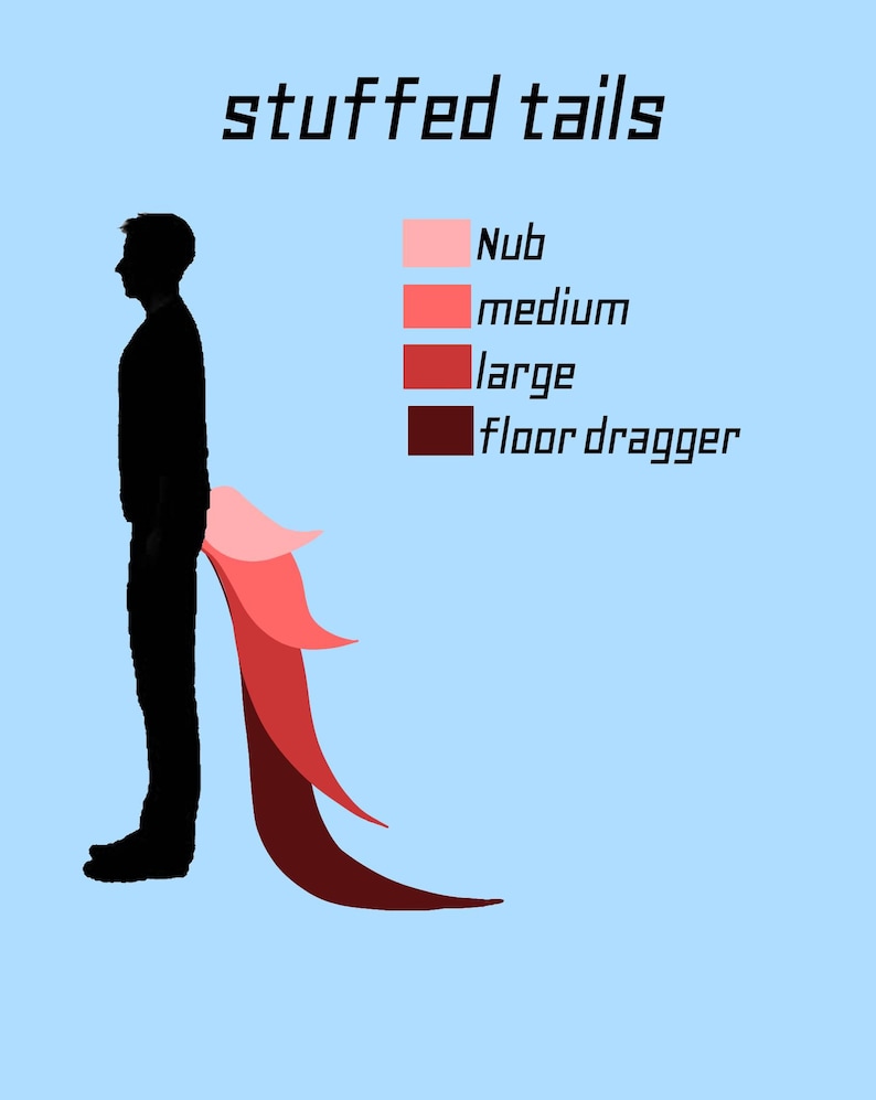 May include: Illustration of a person with a series of layered, red-toned tails, ranging from light pink to dark maroon. The text "stuffed tails" is above, with a color-coded size guide: Nub, medium, large, and floor dragger.