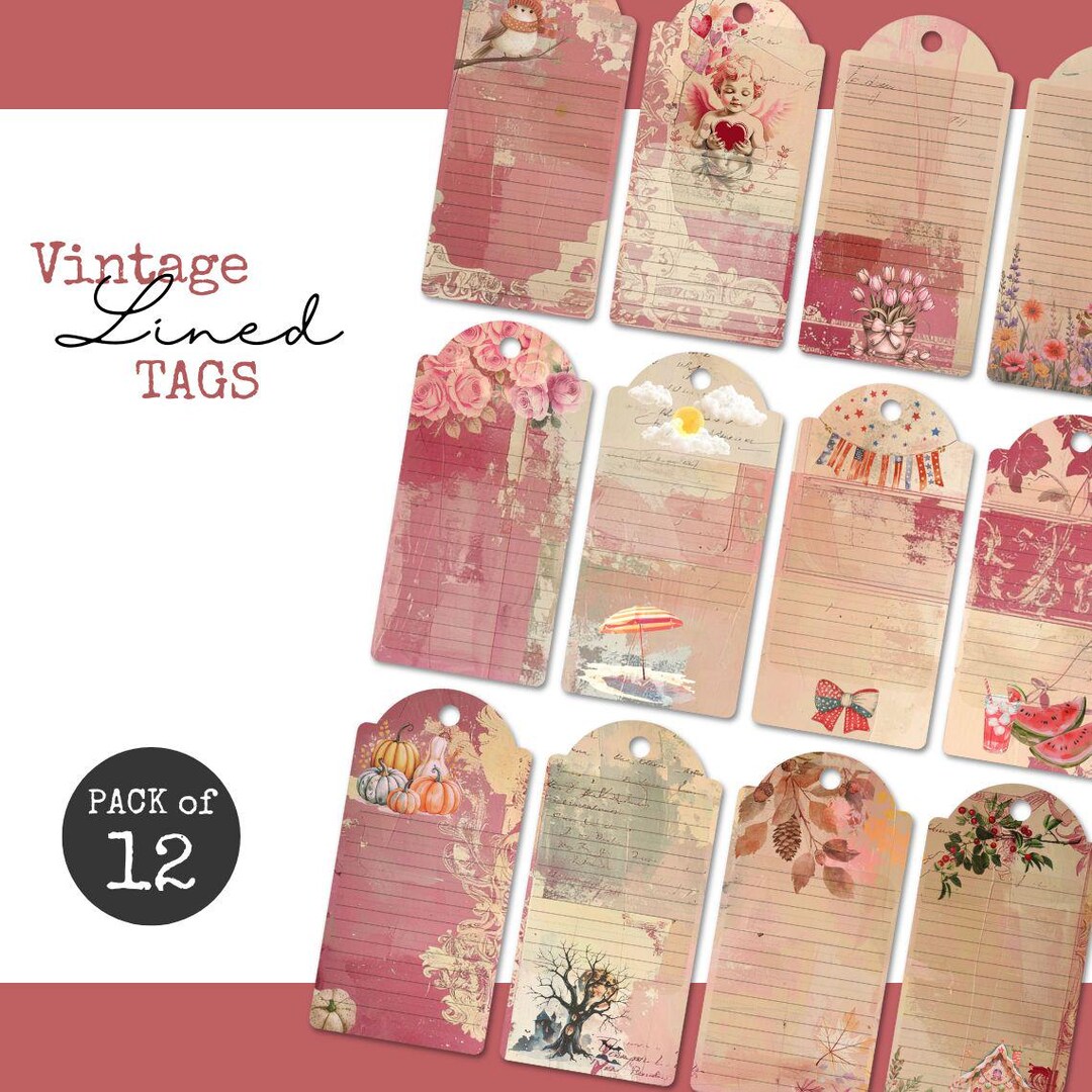 Writing Tags 12 Vintage Journaling Tags With Lines, Scrapbooking Hand-painted ...