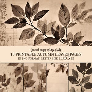 May include: Sepia-toned digital collage sheets featuring autumn leaves. The image includes a branch with detailed leaves and the text "Journal pages, collage sheets - 15 Printable Autumn Leaves Pages in PNG format, Letter size 27.9x21.6 cm."
