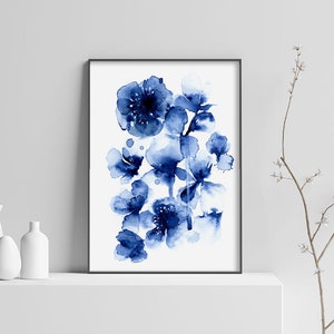 Indigo Floral, Digital Art Watercolor Painting, Loose Watercolor Flowers in shades of Blue, Blue Floral, Printable Wall Art, Indigo Flowers