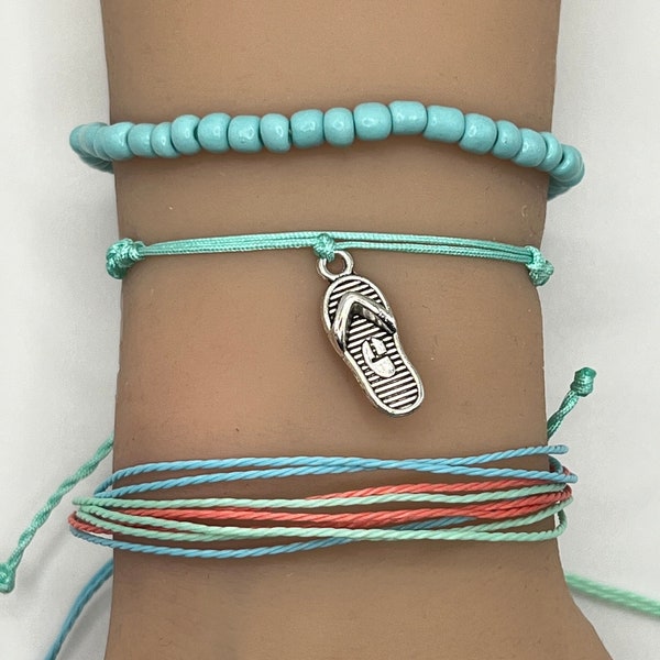 Sandal Jewelry Flip Flop Bracelet Set Tropical Summer Beach Ocean Bracelet Pura Vida Style String Set Adjustable Stackable Braided Surfer