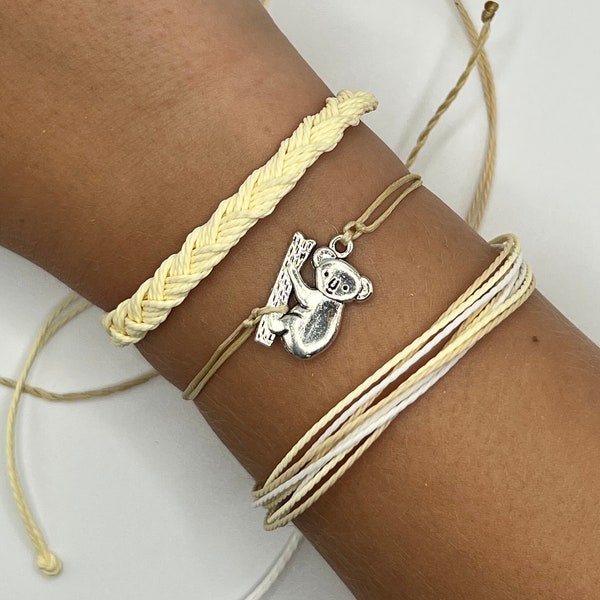 Koala Bear Bracelet Set Koala Jewelry Waxed String Cord Bracelet Set Adjustable Animal Bear Charm Bracelet Set Koala Bear Bamboo Charm Gift