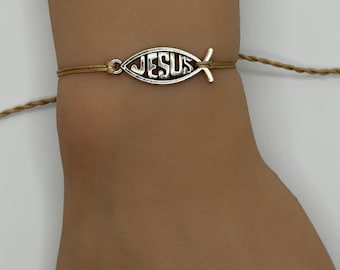 Handmade Jesus Fish Bracelet Adjustable String Cord Custom Color Christian Jewelry Personalized Faith Gift Unique Religious Charm Friendship