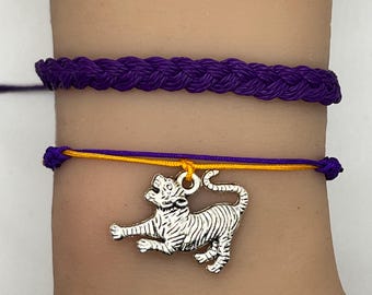 Handmade LSU Adjustable String Bracelet with Tigers Mascot Charm - Louisiana Spirit Waxed Cord, Braided Design, Unique Fan Jewelry, College
