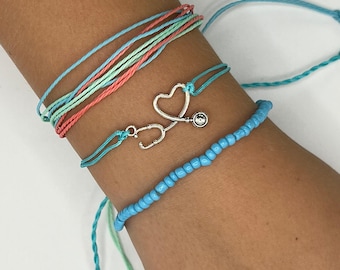 Pulsera de joyería de enfermera, pulsera médica, pulsera de médico cirujano, juego de pulseras de hilo estilo Pura Vida, pulsera trenzada apilable y ajustable, resistente al agua