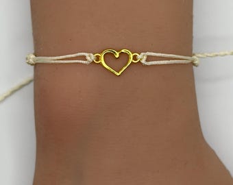 Handmade Heart Bracelet Adjustable Custom String Cord Personalized Color Charm Jewelry Dainty Gift for Her Minimalist Love Boho Friendship