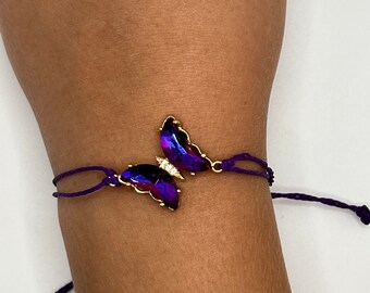 Pulsera de mariposa, joyería de cristal iridiscente, cordón encerado, juego de pulsera morada, pulsera con dije de mariposa, regalo económico para ella, Pura Vida Like