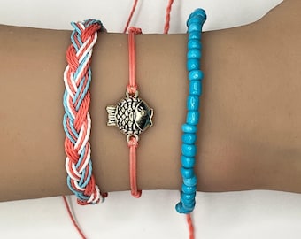 Fish Jewelry Fish Bracelet Summer Beach Pura Vida Style String Bracelet Set Adjustable Stackable Braided Seed Bead Stretch Surfer Sand Ocean