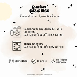 K&ouml;nnte beinhalten: Eine Schwarzwei&szlig;illustration einer Waschmaschine mit dem Text "Machine wash cold, inside out, with like colors. Max temp 30&deg;C or 86&deg;F (cold setting)". Darunter befindet sich eine weitere Illustration einer Waschmaschine mit dem Text "Tumble dry on low. Max temp 60&deg;C or 140&deg;F (low setting)". Darunter befinden sich drei Symbole: ein durchgestrichener Kreis, ein Kreis mit einem B&uuml;geleisen darin und ein durchgestrichenes Dreieck. Der Text unter den Symbolen lautet "No drycleaning", "Do not iron" und "Non-chlorine bleach only".